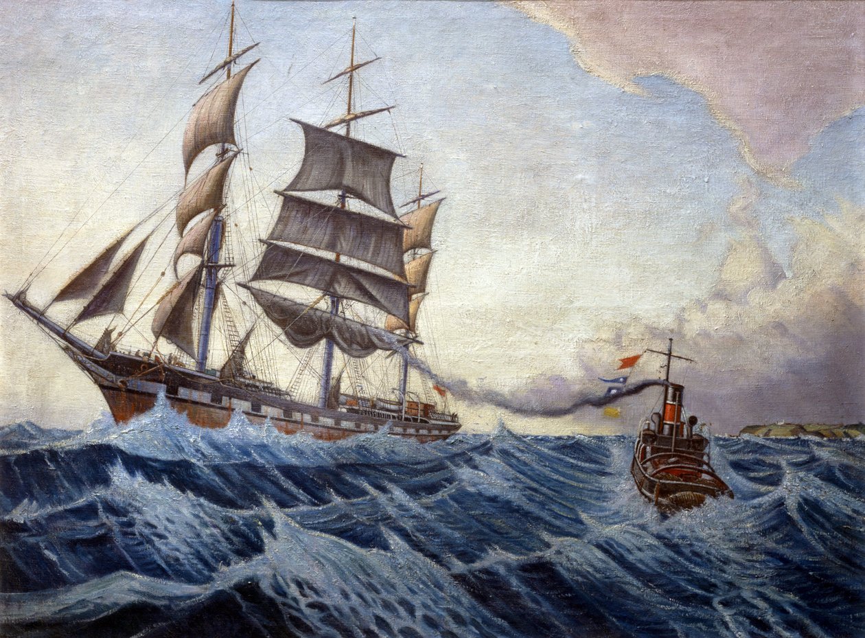Statek "Iquique" i holownik "Warrior" u wybrzeży Anglii podczas podróży między Londynem (Anglia) a Sydney (Australia) między grudniem 1898 r. a kwietniem 1899 r. autorstwa John Everett