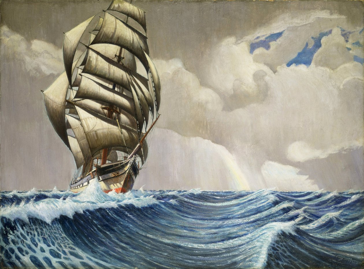Statek "Iquique" podczas podróży między Londynem (Anglia) a Sydney (Australia), między grudniem a kwietniem 1899 roku, ok. 1930 (olej na papierze) autorstwa John Everett