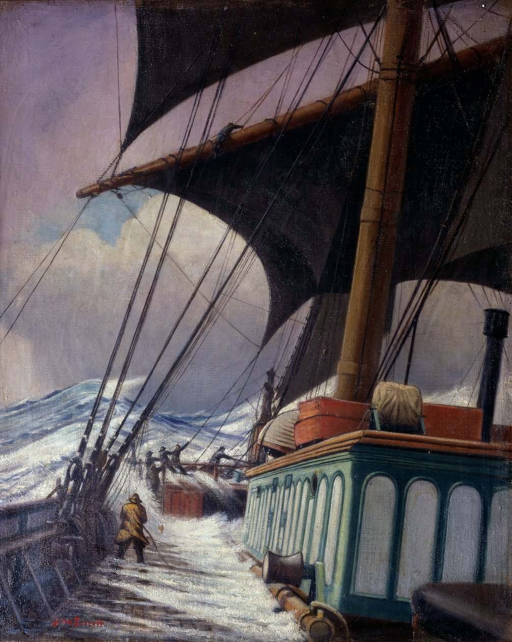 Manewry żaglami podczas sztormu, podczas podróży z Bristolu do Sabine Pass w Teksasie (Stany Zjednoczone, USA), między kwietniem a czerwcem 1920 r. autorstwa John Everett