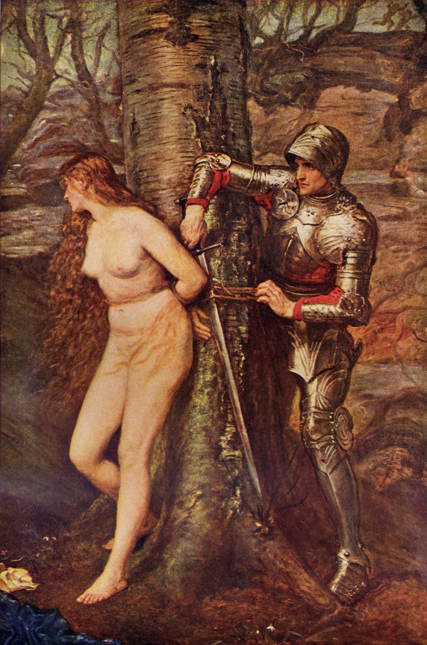 Błędny rycerz - Figura z rycerskiej literatury romantycznej, ilustracja z „Romansu i legendy rycerskiej” A.R. Hope Moncrieffa autorstwa John Everett Millais