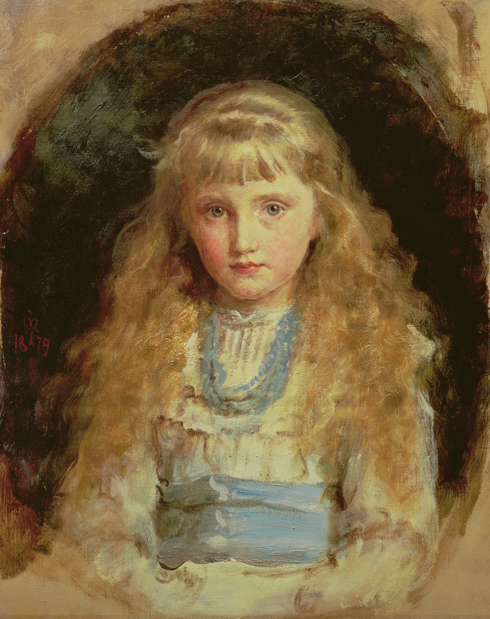 Portret Beatrice Caird w białej sukni z niebieską szarfą autorstwa John Everett Millais