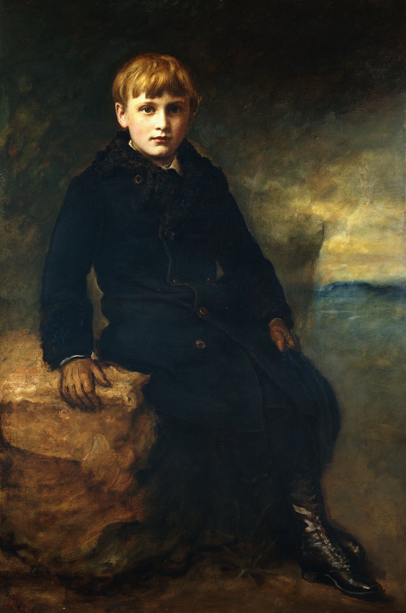 Portret Cecila Webba, siedzącego na całej długości, w czarnym płaszczu z futrzanym kołnierzem, 1887 autorstwa John Everett Millais