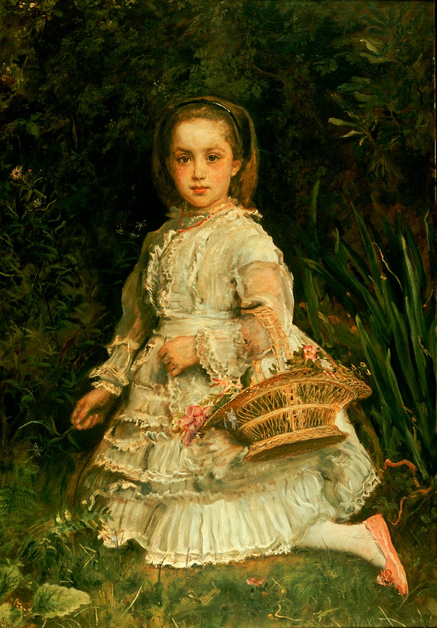 Portret Gracii, pełnej długości, ubrana w białą sukienkę, zbierająca dzikie kwiaty autorstwa John Everett Millais
