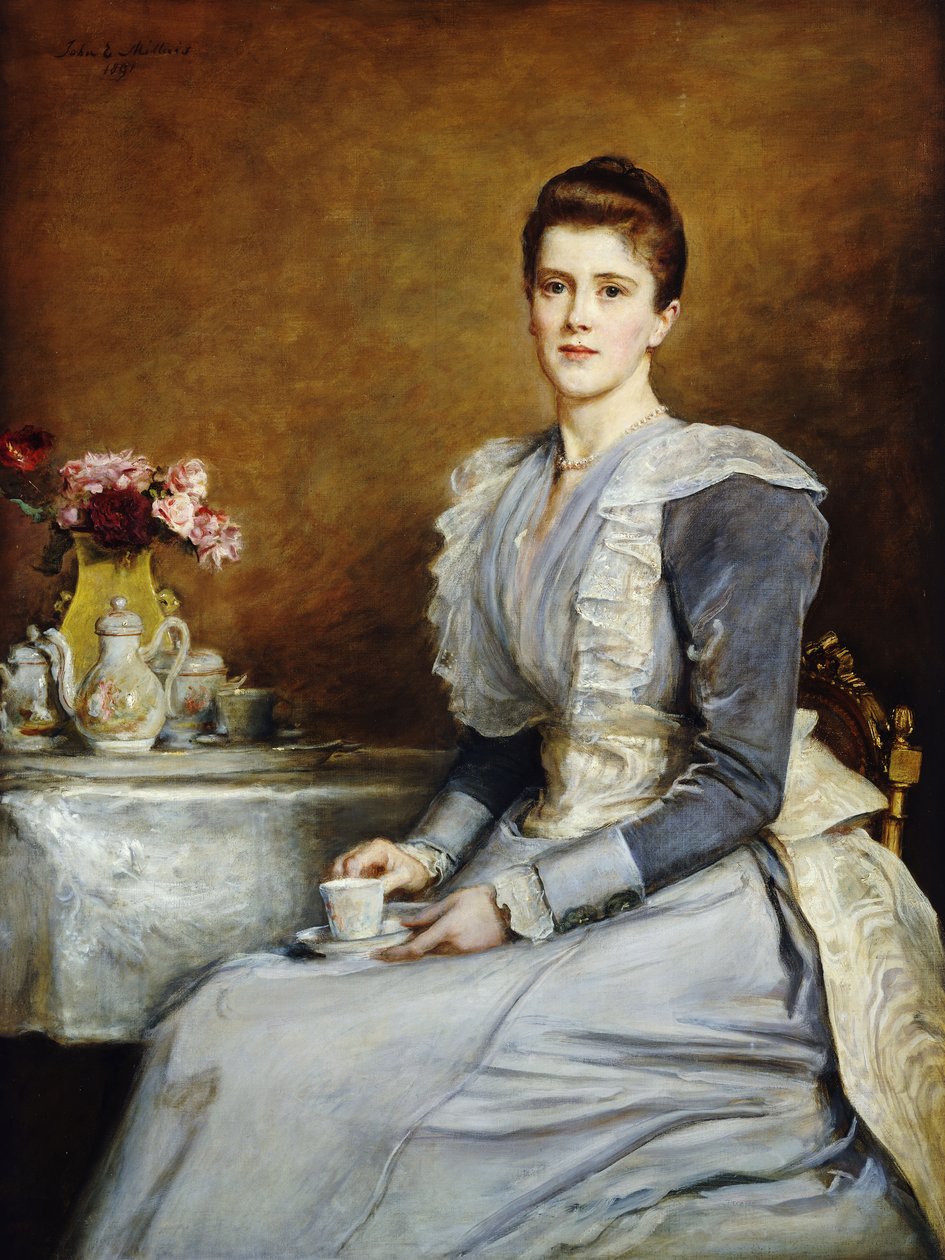 Portret pani Joseph Chamberlain, siedząca w trzech czwartych długości przy stoliku do herbaty, ubrana w szaro-białą sukienkę, 1891 autorstwa John Everett Millais