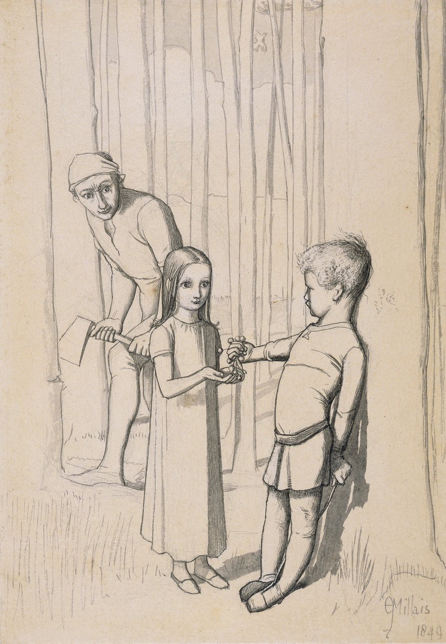 Studium do „Córki Woodmana”, 1849 (pióro i tusz i przemycie grafitem na tkaninie) autorstwa John Everett Millais