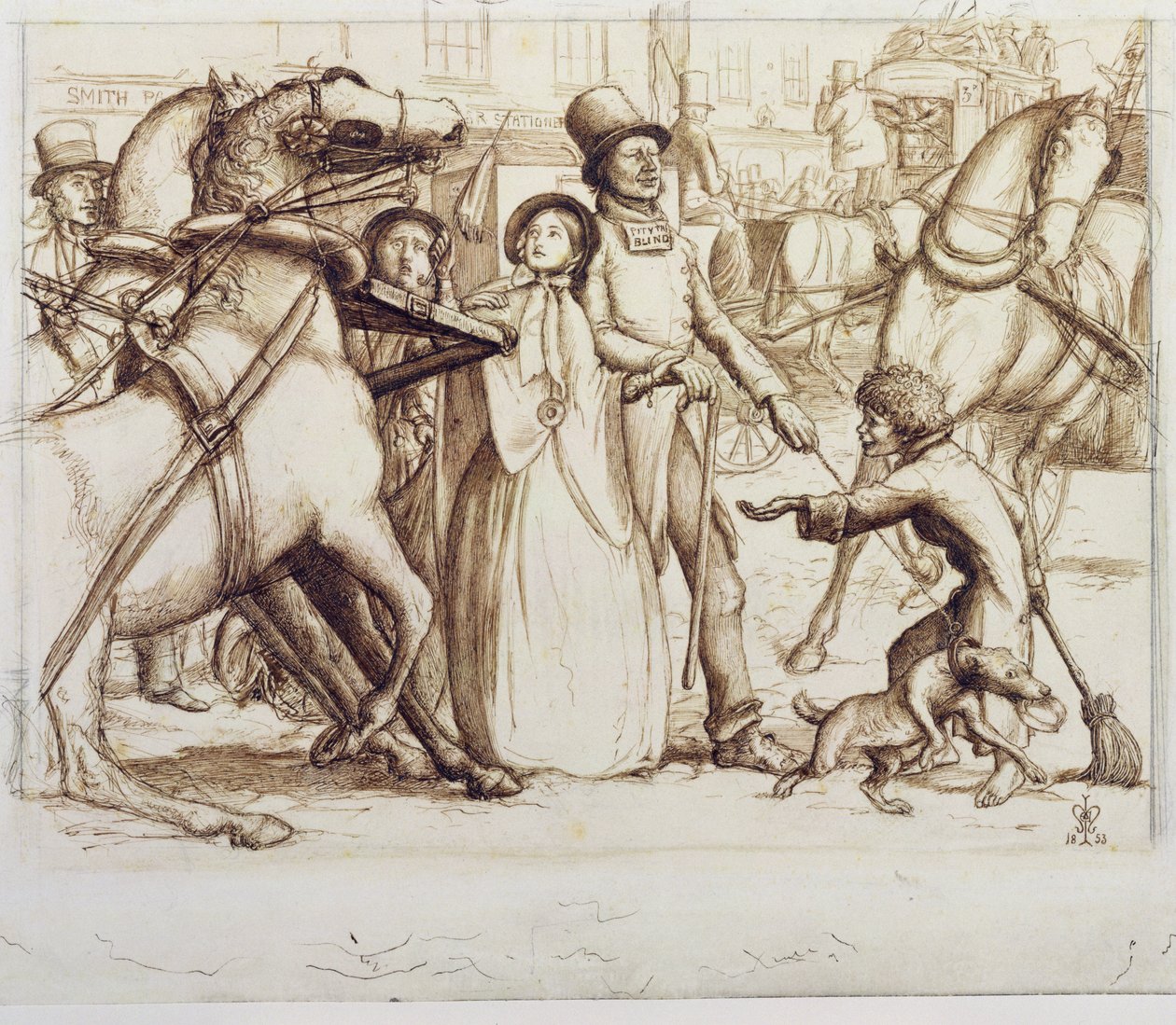 The Blind Man, 1853 (pióro, tusz, wash i grafit na papierze tkanym) autorstwa John Everett Millais