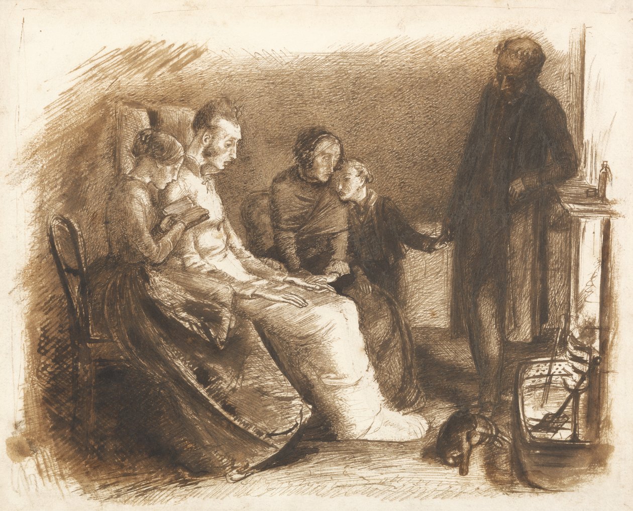 Umierający człowiek, ok. 1853 (pióro i pędzel oraz brązowy tusz na papierze) autorstwa John Everett Millais