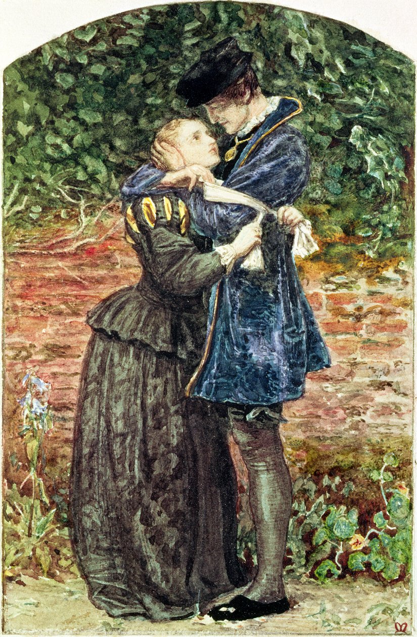 Hugenot, 1852 (toaleta, długopis, atrament i gwasz na papierze) (patrz także 19693) autorstwa John Everett Millais
