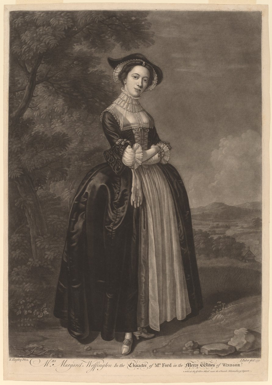 Pani Margaret Woffington w postaci pani Ford w Wesołych żonach z Windsoru autorstwa John Faber II after Edward Haytley