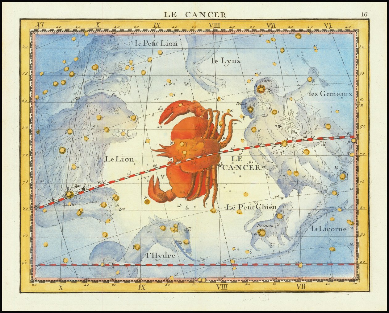 Mapa gwiazdozbioru Raka i sąsiednich gwiazdozbiorów z 1776 r., z Atlas Celeste de Flamsteed Fortina autorstwa John Flamsteed