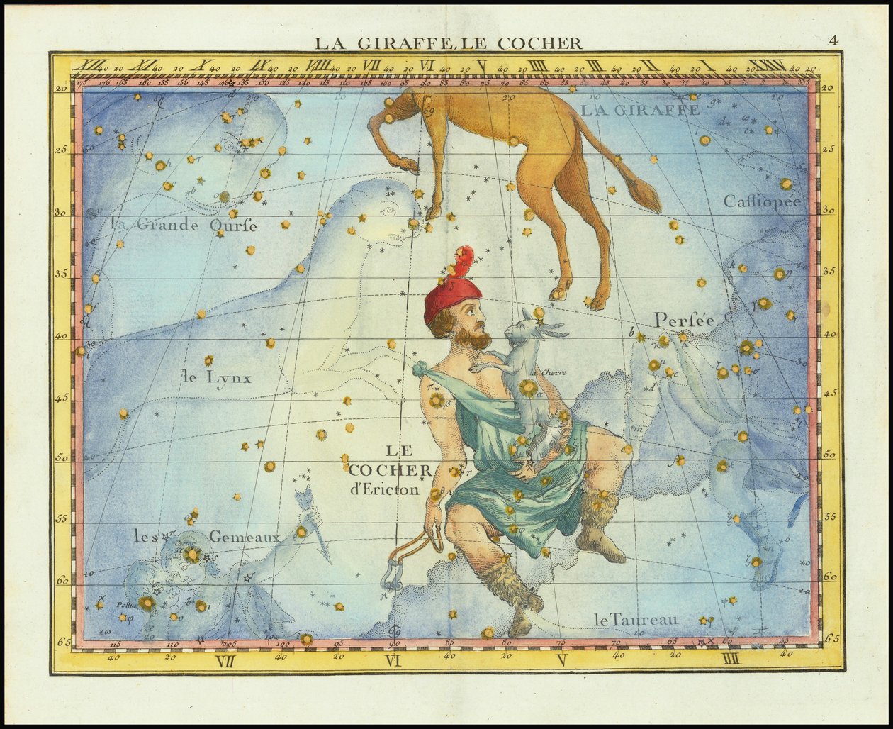 Mapa gwiazdozbiorów Camelopardal i Auriga oraz sąsiednich gwiazdozbiorów z 1776 r., z Atlas Celeste de Flamsteed Fortina autorstwa John Flamsteed