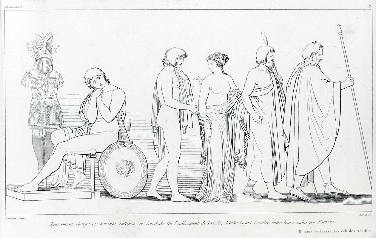 Agamemnon oskarżył heroldów Taltibiusa i Euribata o uprowadzenie Briseis; Achilles przekazał go w ich ręce przez Patroklesa. Rysunek Johna Flaxmana (1755 - 1826). Iliada Homera. Śpiew I autorstwa John Flaxman