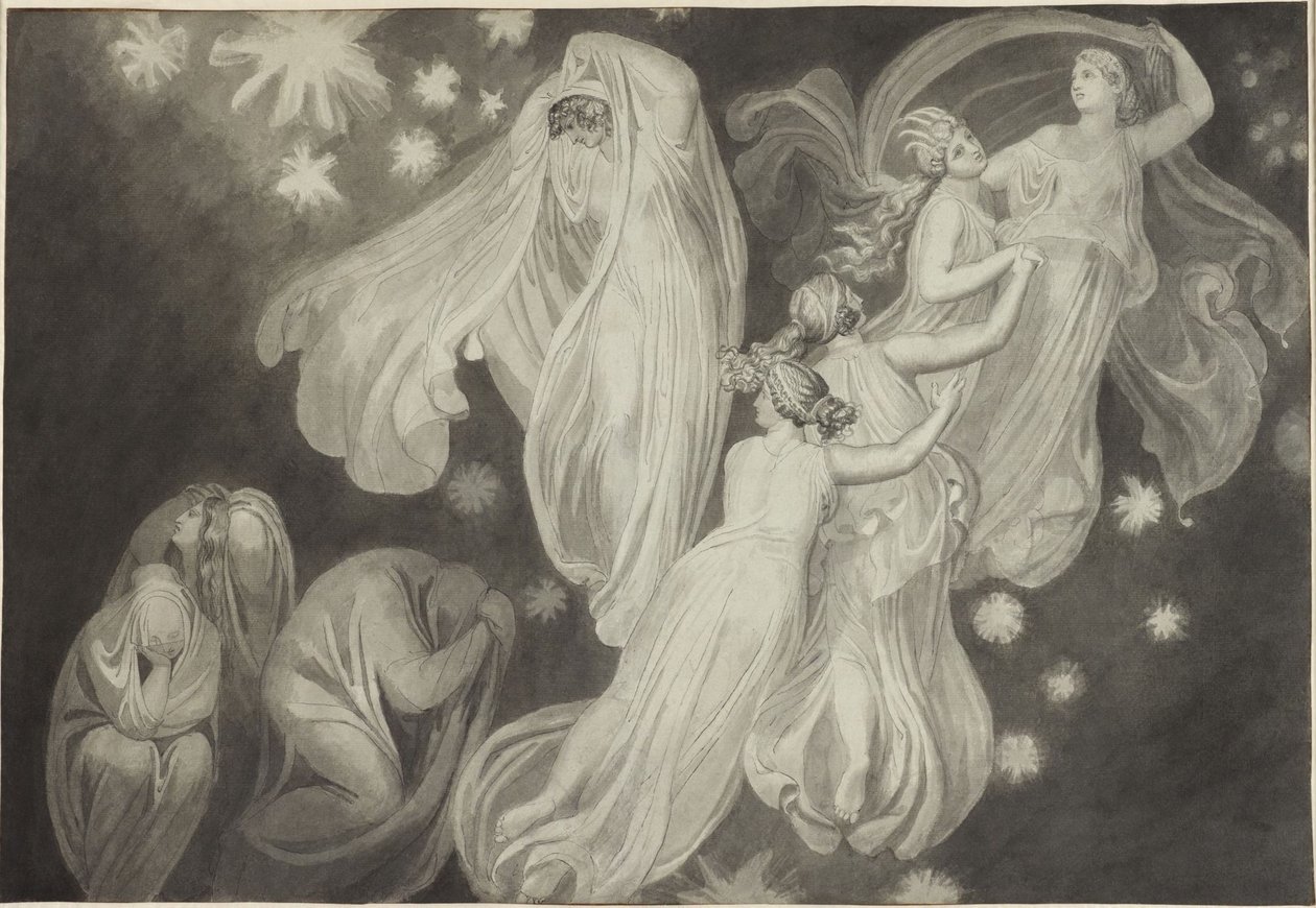 Anioły prowadzą duszę do nieba autorstwa John Flaxman