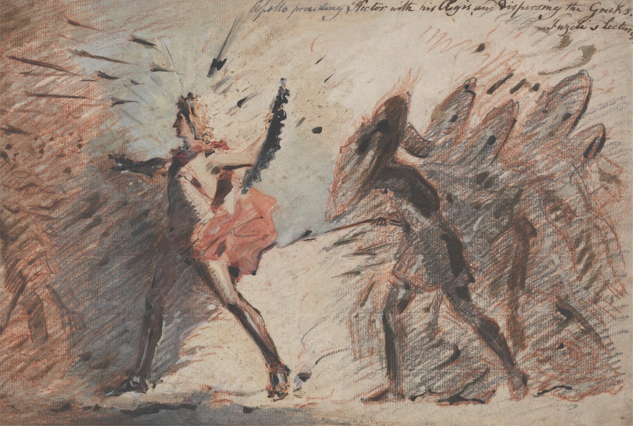 Apollo poprzedzający Hektora ze swoją egidą i rozpraszający Greków, wykłady Fuselego autorstwa John Flaxman