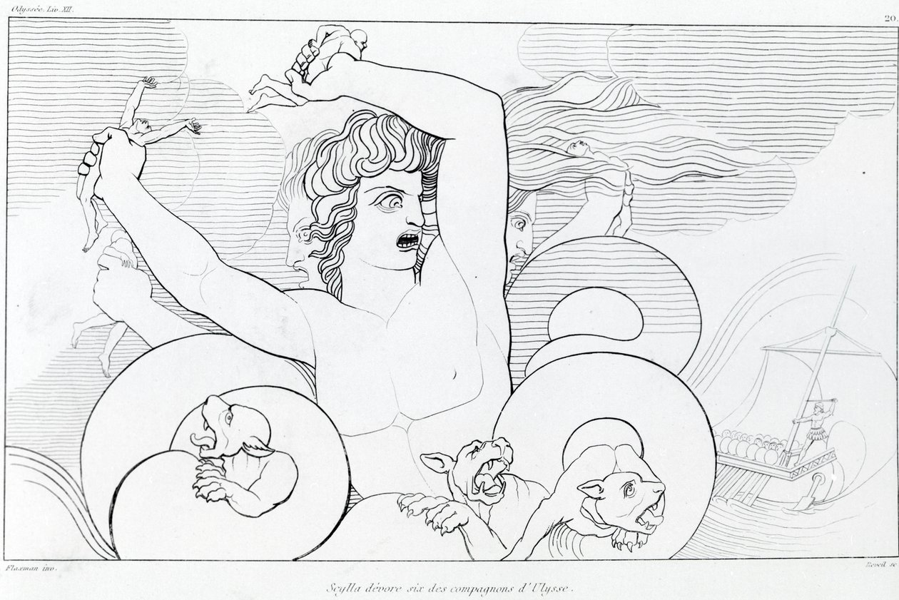 Epizod Charybdy i Scylli: sześciu towarzyszy Ulissesa zostaje pożartych. Rysunek Johna Flaxmana (1755 - 1826). Odyseja Homera. Pieśń XII. autorstwa John Flaxman