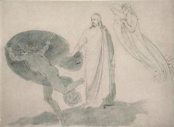 Get Thee Behind Me, Szatanie, ok.1783-87 (ołówek, długopis, atrament i pranie na papierze) autorstwa John Flaxman