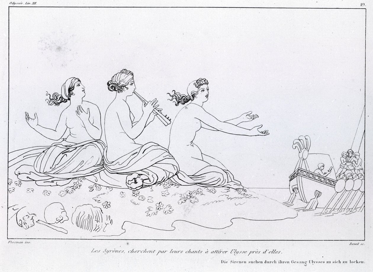 Syreny swoją pieśnią starają się przyciągnąć Ulissesa. Rysunek Johna Flaxmana (1755 - 1826). Odyseja Homera. Pieśń XII. autorstwa John Flaxman