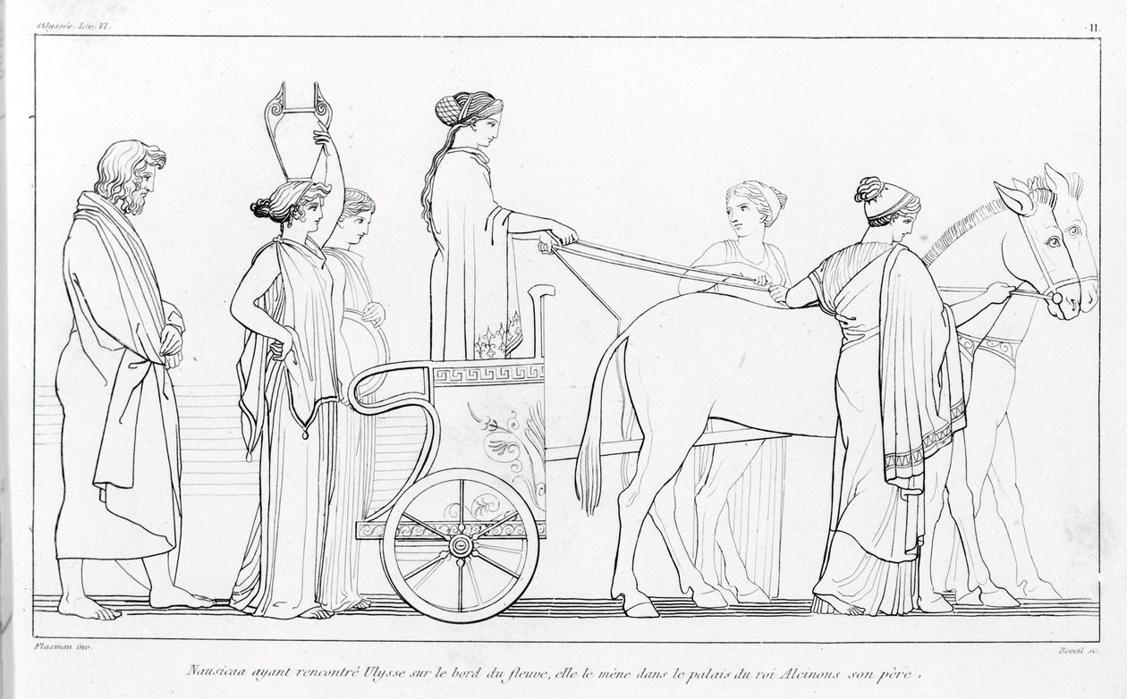 Nausicaa, który właśnie poznał Ulissesa, zabiera go z powrotem do pałacu jego ojca, króla Alkinoosa. Rysunek Johna Flaxmana (1755 - 1826). Odyseja Homera. Pieśń VI. autorstwa John Flaxman