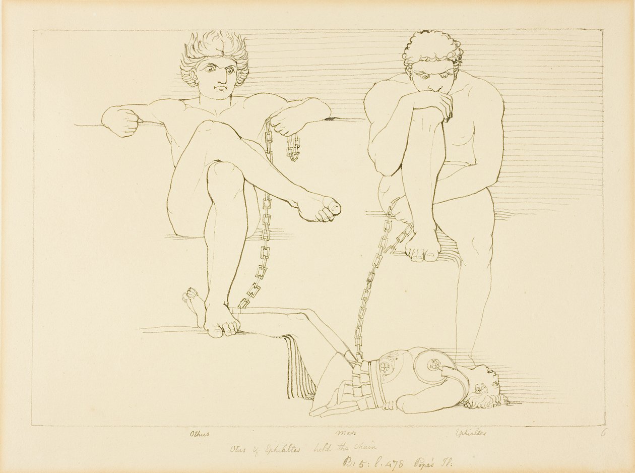 Othus i Ephialtes trzymający Aresa w niewoli autorstwa John Flaxman