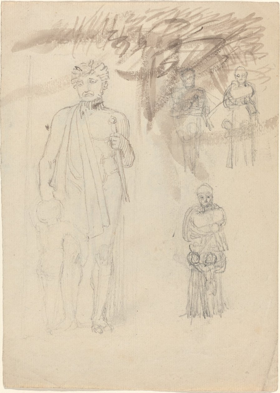 Arkusz studiów, w tym Wojownik z dzieckiem [recto i verso] autorstwa John Flaxman