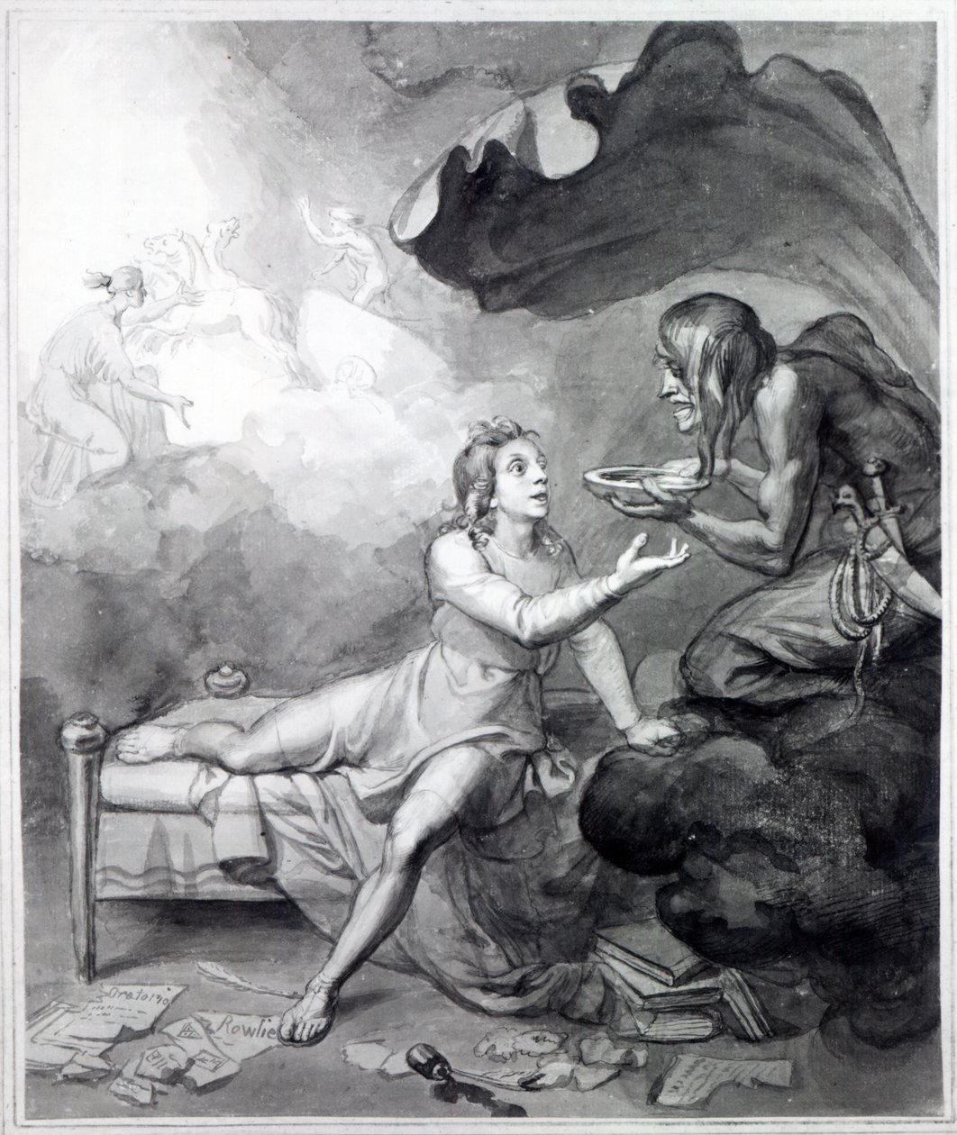 Thomas Chatterton otrzymuje od Rozpaczy miskę z trucizną (pióro, atrament i pranie na papierze) autorstwa John Flaxman