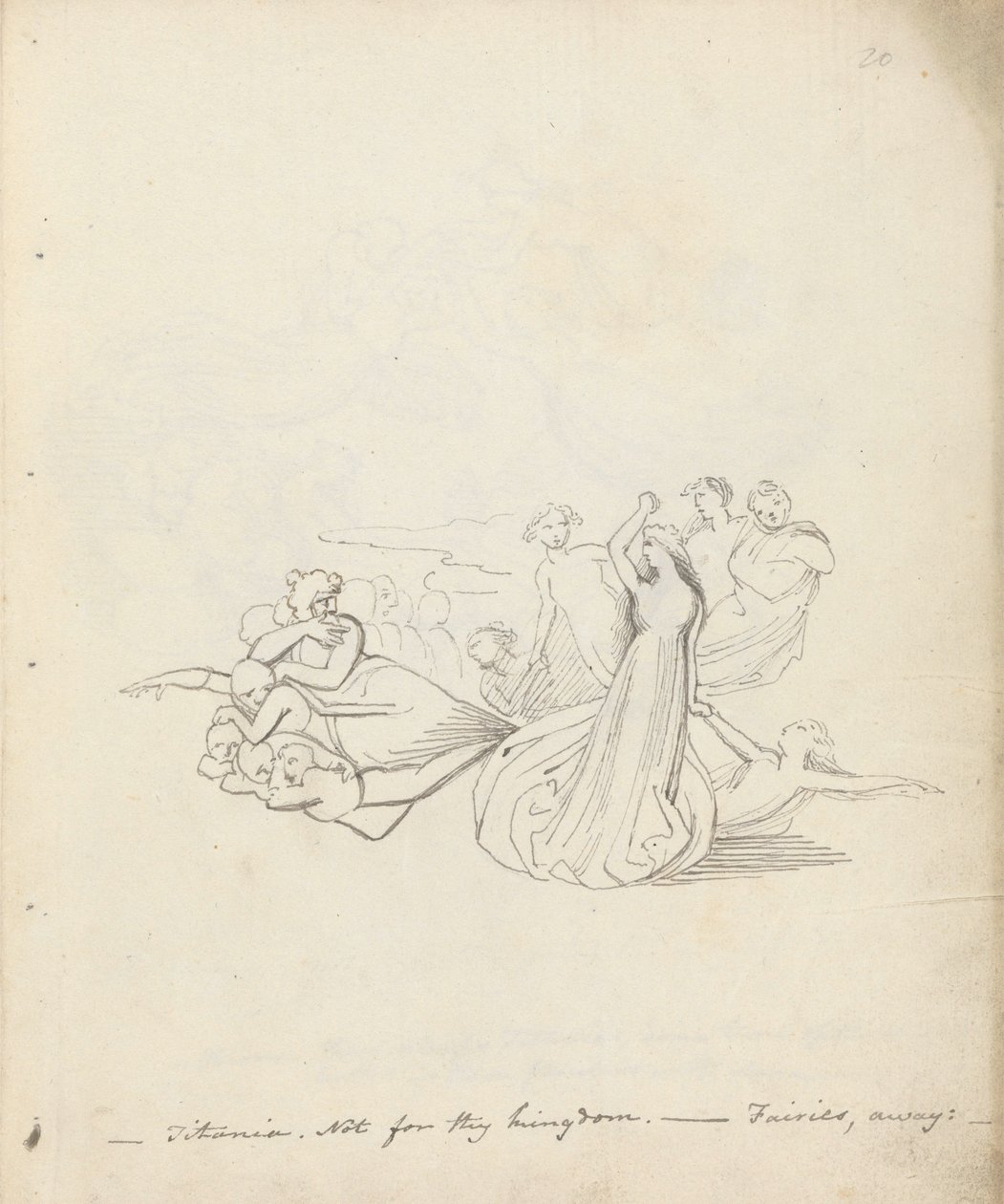 Tytanii. Nie dla twojego królestwa. - Fairies away, 1783 (pióro, tusz i pranie na papierze) autorstwa John Flaxman