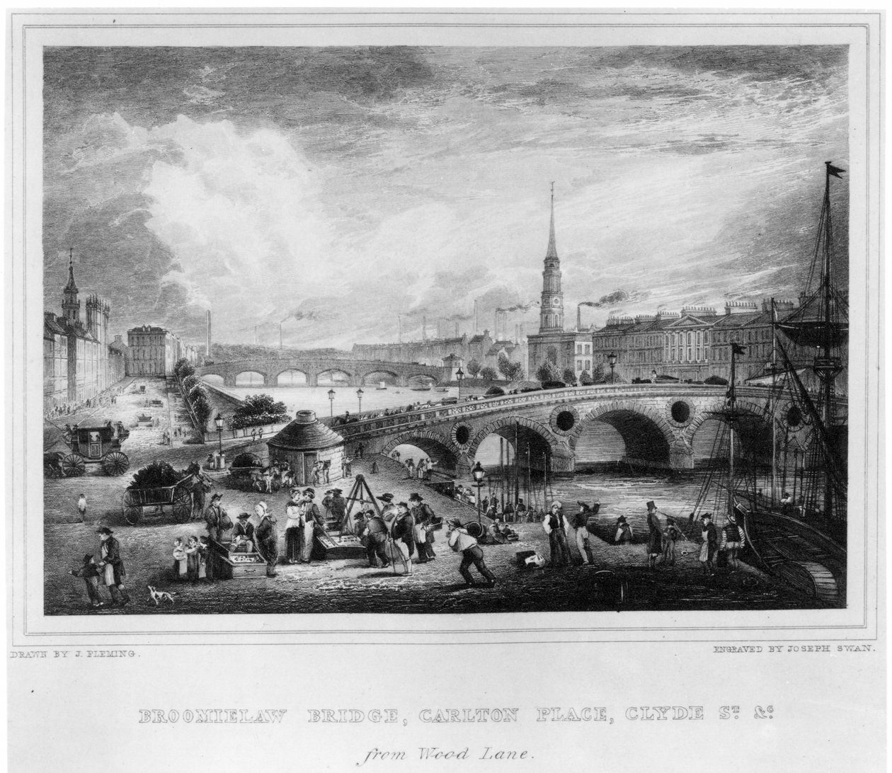 Broomielaw Bridge, Carlton Place, Clyde St., Glasgow, grawerowane przez Josepha Swana, 1830 (grafika) autorstwa John Fleming