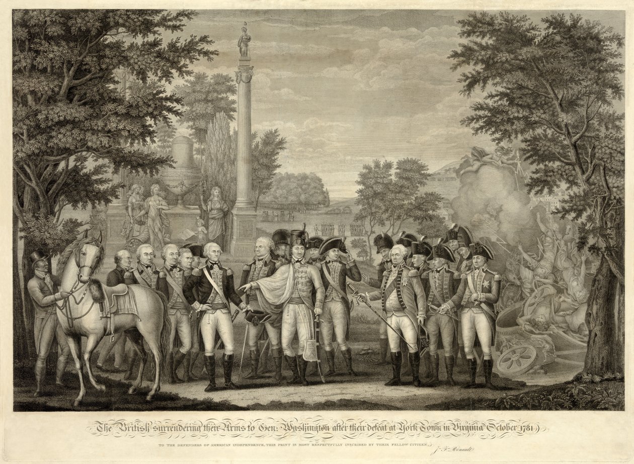 Brytyjczycy poddają broń generałowi Waszyngtonowi po klęsce pod York Town w Wirginii w październiku 1781, wyd. 1819 (grawerowanie) autorstwa John Francis (after) Renault