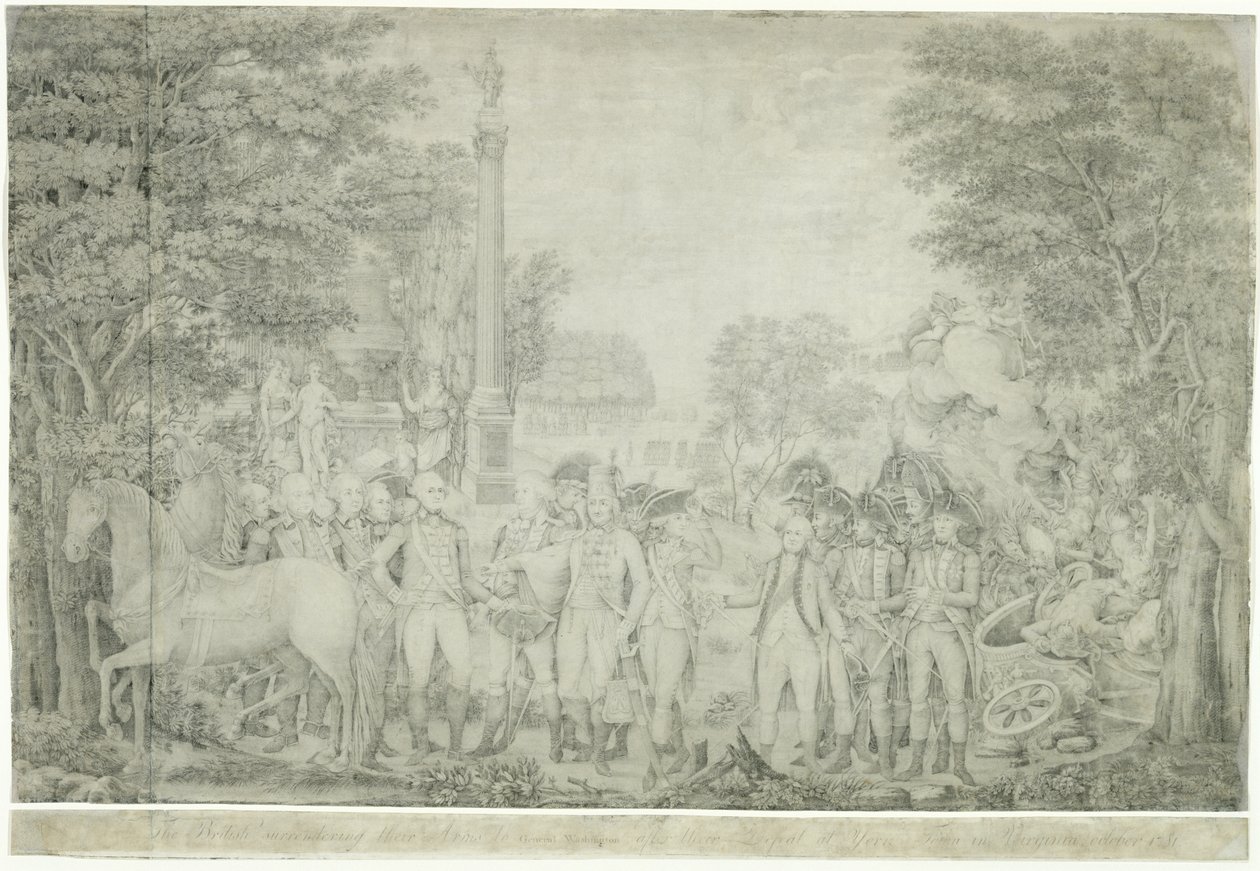 Brytyjczycy oddają broń generałowi Waszyngtonowi po klęsce pod Yorktown w Wirginii, październik 1781, 1810-1815 autorstwa John Francis Renault