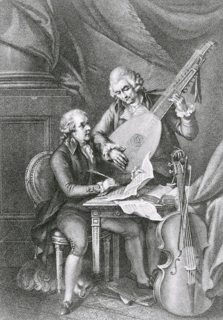 Portret Franza Josepha Haydna (1732-1809) i Wolfganga Amadeusza Mozarta (1756-91) komponujących muzykę na lutnię, sztychowany przez Michele Benedetti (1745-1810) autorstwa John Francis Rigaud