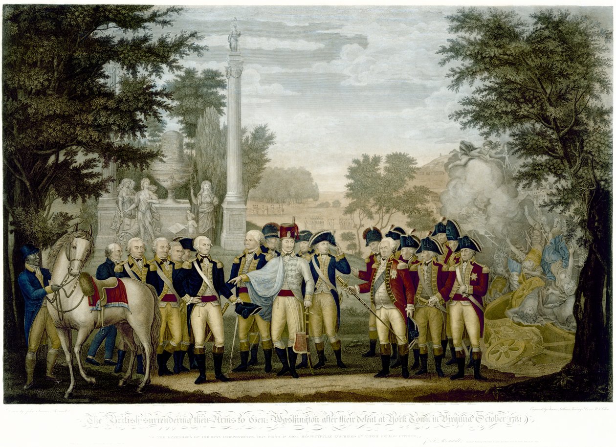 Brytyjczycy oddają broń generałowi Waszyngtonowi po klęsce pod York Town w Wirginii w październiku 1781, 1819 (ręcznie kolorowane miedzioryty) autorstwa John Francis Renault