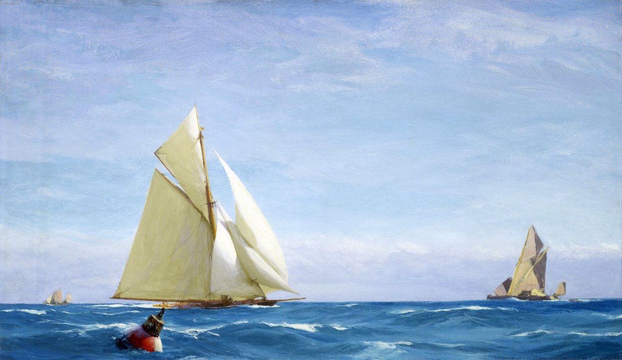 Duża żaglówka i barka na Tamizie, u wybrzeży portu. Olej na płótnie, około 1910 roku, autor: John Fraser (1858-1927). autorstwa John Fraser