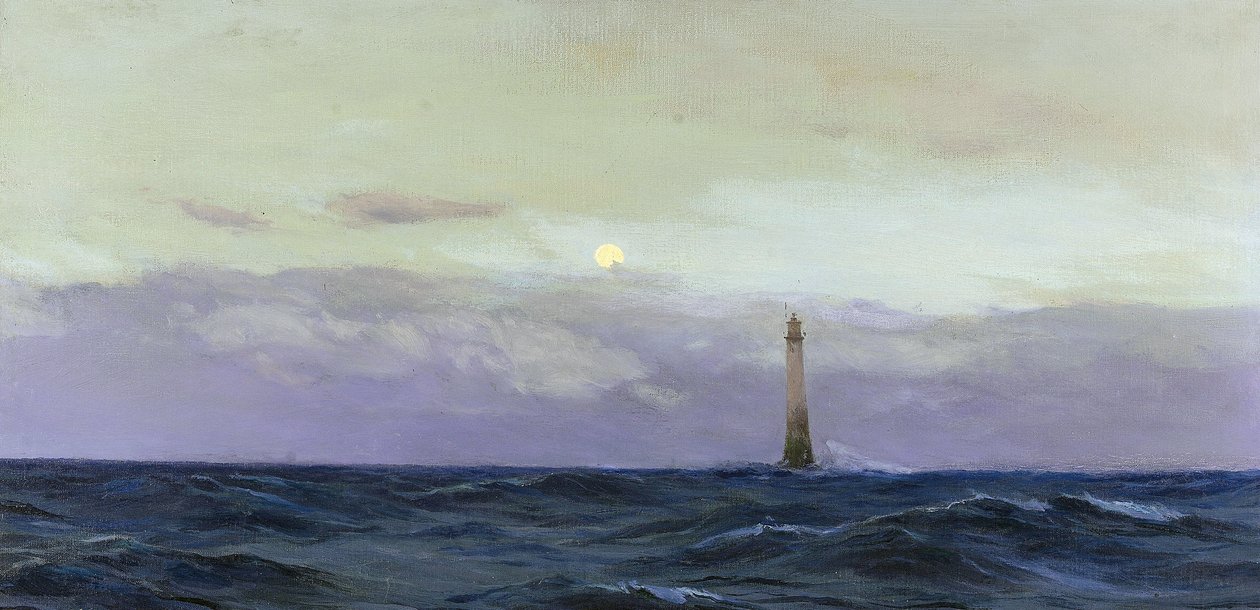 Latarnia morska Wolf Rock, skalista wyspa u wybrzeży Kornwalii (Anglia). Olej na płótnie autorstwa Johna Frasera () autorstwa John Fraser