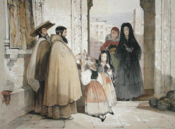 Żebracy mnisi otrzymujący jałmużnę ze „Sketches of Spain”, ryty przez Charlesa Josepha Hullmandela (1789-1850), opublikowana w 1836 r. (kolor lito) autorstwa John Frederick (after) Lewis