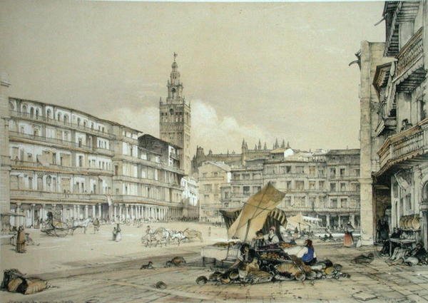 Plaza de San Francisco, Sewilla, ze „Sketches of Spain”, ryty przez Charlesa Josepha Hullmandela (1789-1850), opublikowana w 1836 (kolor lito) autorstwa John Frederick (after) Lewis