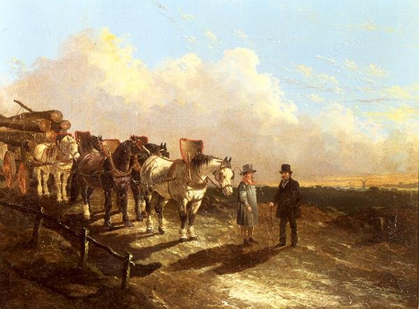 Wózek z drewnem zatrzymany na drodze o zmierzchu autorstwa John Frederick Herring Jnr
