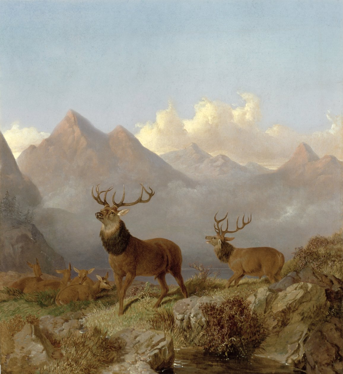 Jelenie i łapy w górskim krajobrazie, 1864 autorstwa John Frederick Herring Junior