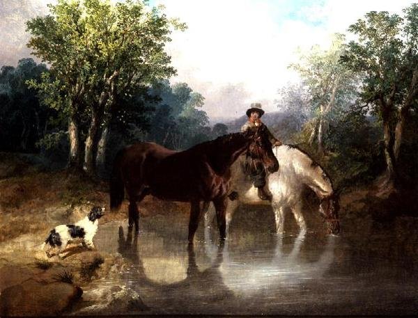 Dwa konie, mężczyzna i pies nad strumieniem autorstwa John Frederick Herring Jnr