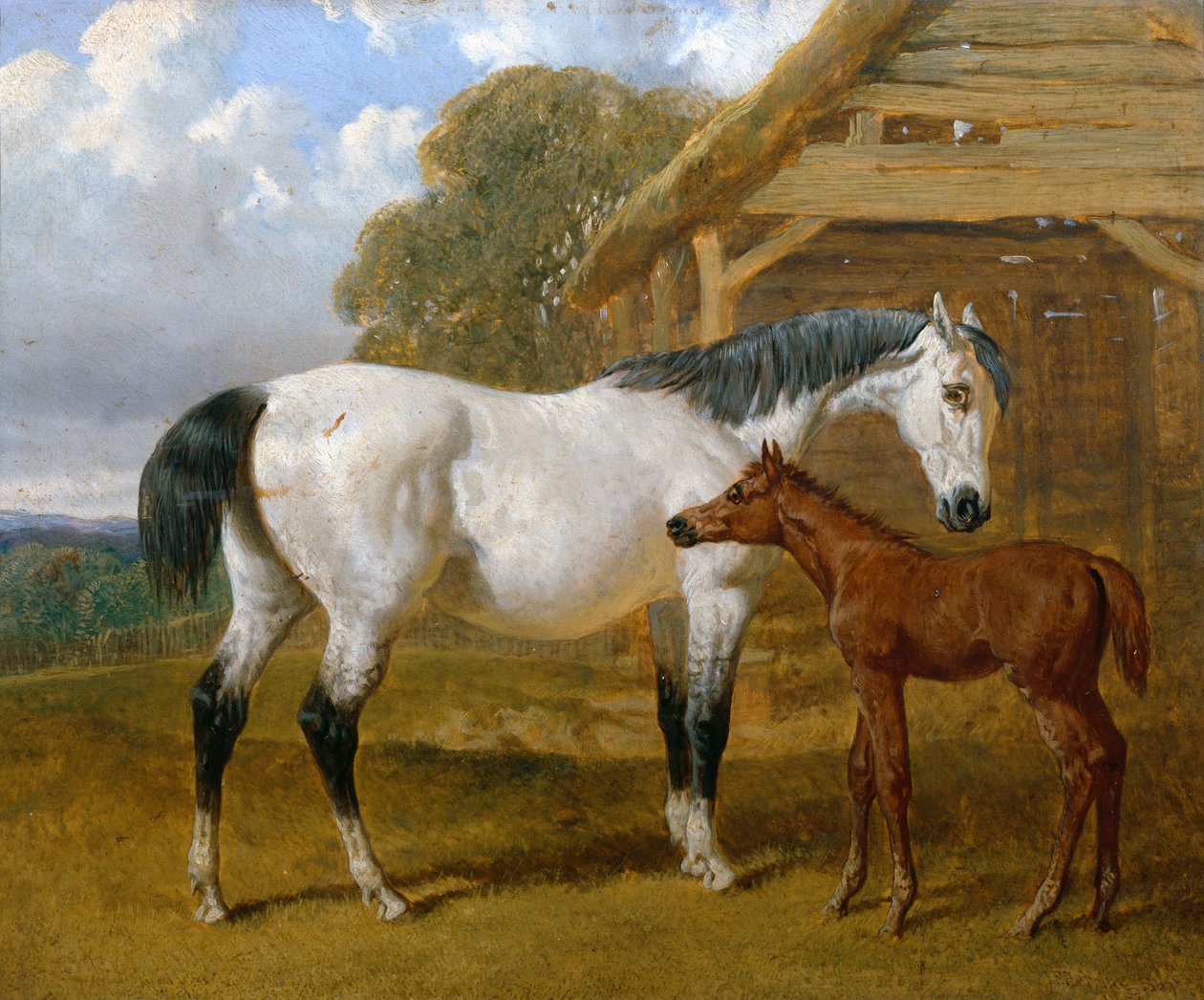 Klacz i źrebię przed stodołą, 1854 autorstwa John Frederick Herring Senior