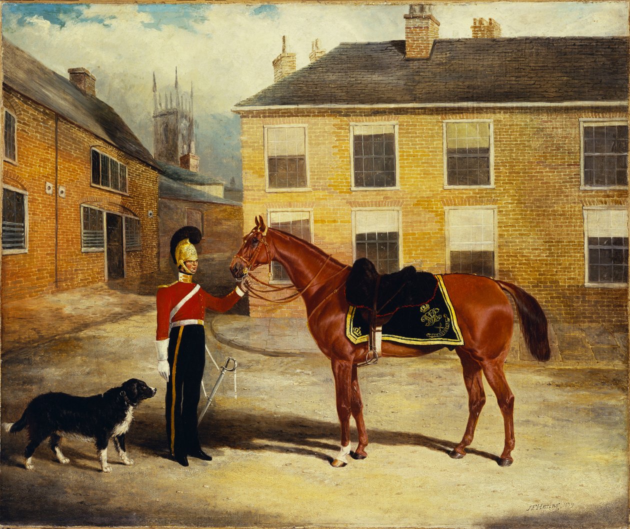 Oficer gwardii dragonów, karabińczycy ze swoim wierzchowcem na dziedzińcu stajni koszar, 1839 autorstwa John Frederick Herring Senior