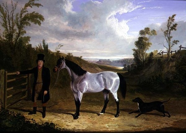 Pan młody Leslie Benjamina Smitha, z ulubionym myśliwym „Avondale” w krajobrazie autorstwa John Frederick Herring Senior