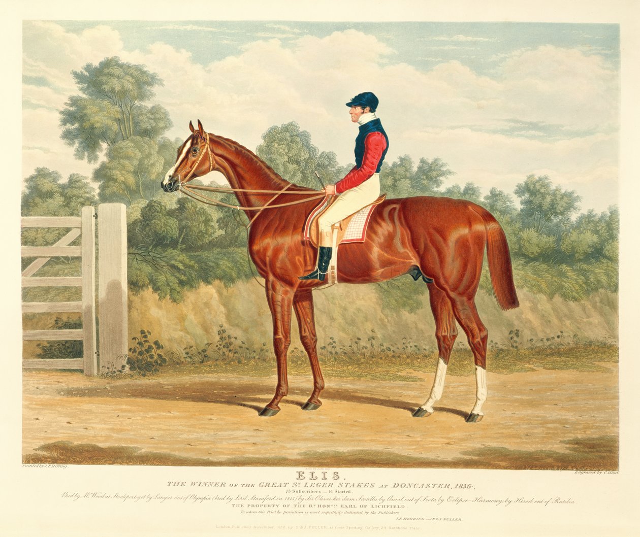 Elis, zwyciężczyni Wielkiej St. Leger Stakes w Doncaster, 1836, rycina Charlesa Hunta (1803-77), wyd. S. und J. Fuller, 1836 (akwatinta) autorstwa John Frederick Herring Senior