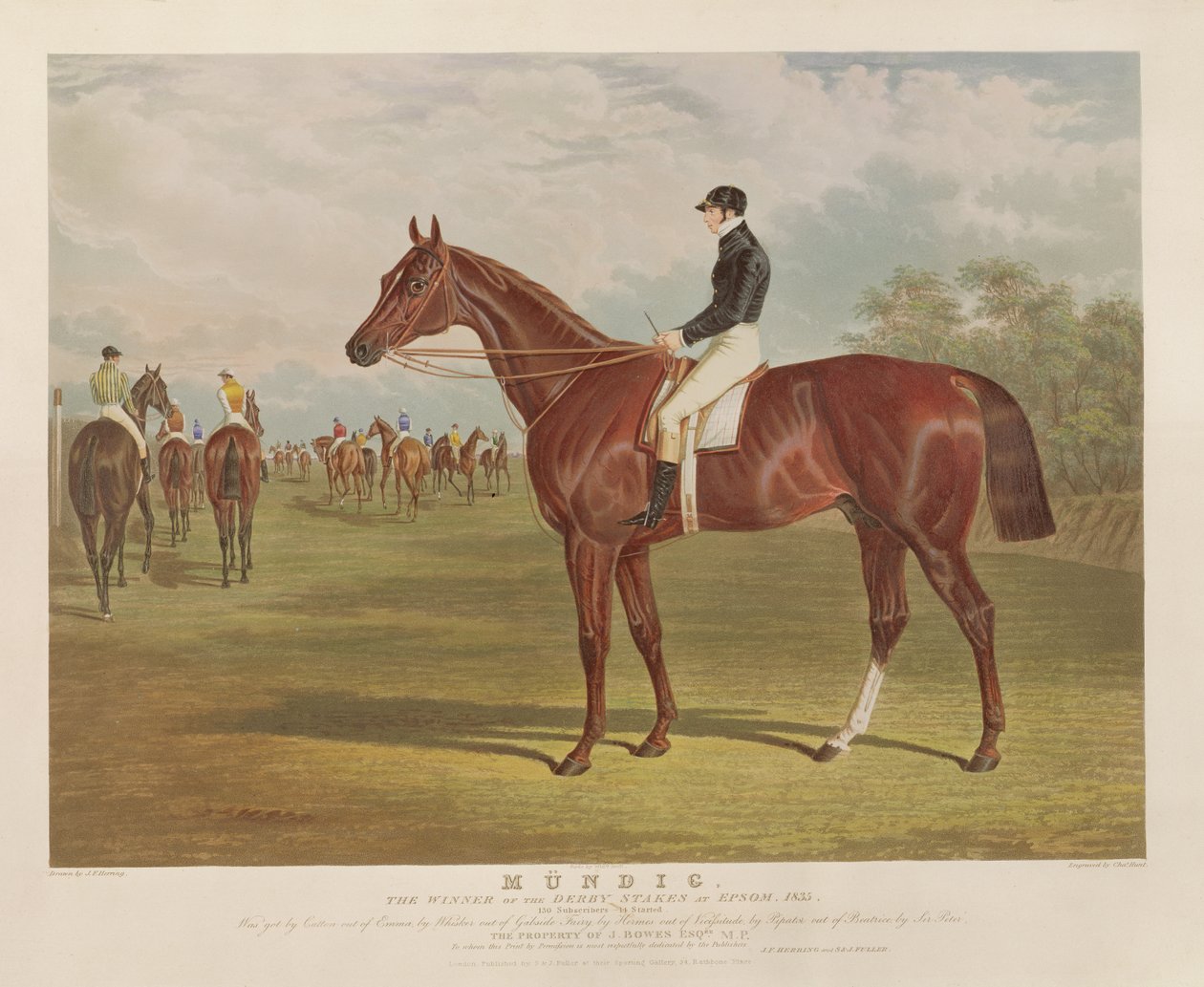 Mundig, zwycięzca Derby Stakes w Epsom, 1835, rycina Charlesa Hunta (1803-77), wyd. S. i J. Fuller, 1835 (akwatinta) autorstwa John Frederick Herring Senior
