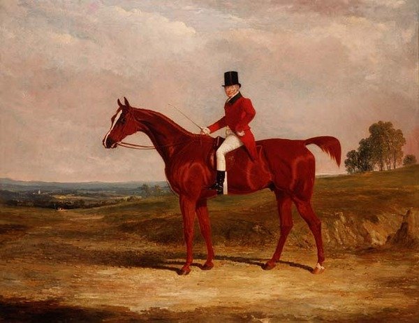 Sir Hugh Hamilton Mortimer, Mistrz Starych Surrey Foxhounds, o myśliwym kasztanów w rozległym krajobrazie autorstwa John Frederick Herring Senior