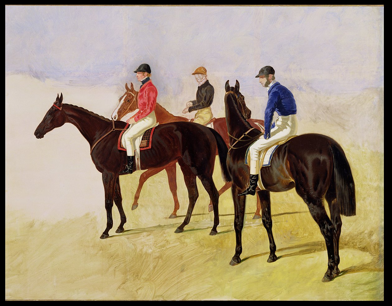Studium trzech pęknięć z przeszkodami: Allen McDonough w Brunetki, Tom Oliver w Discount i Jem Mason w Lottery lub Three Race Horses with Jockeys Up autorstwa John Frederick Herring Senior