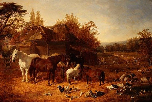Gospodarstwo z końmi, kucykami, grzbietami Berkshire, bydłem Alderney Shorthorn i drobiem autorstwa John Frederick Herring Senior