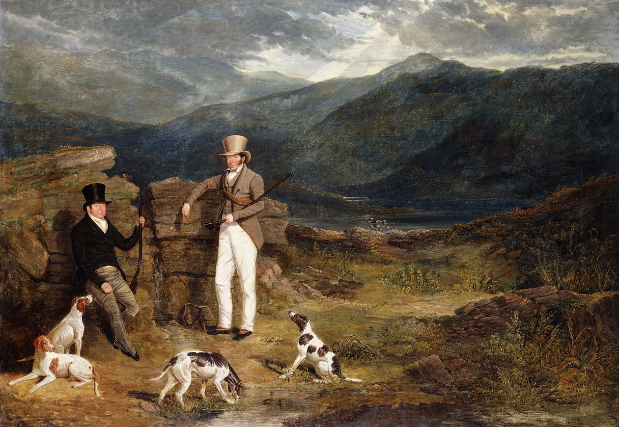Dwóch dżentelmenów ze wskaźnikami na wrzosowisku cietrzewia, 1824 autorstwa John Frederick Herring Senior