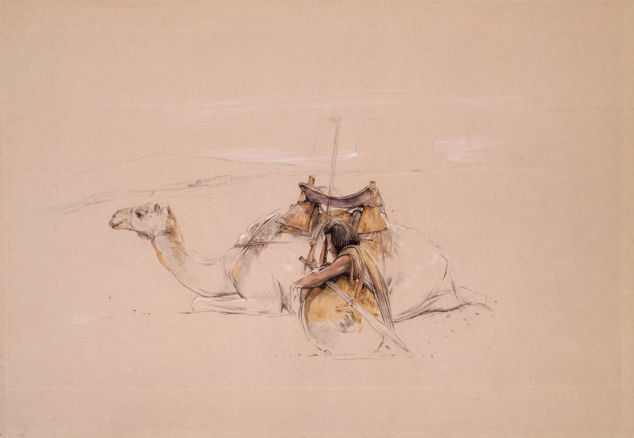 Bisharin Arab przy swoim wielbłądzie (ołówek i akwarela) autorstwa John Frederick Lewis