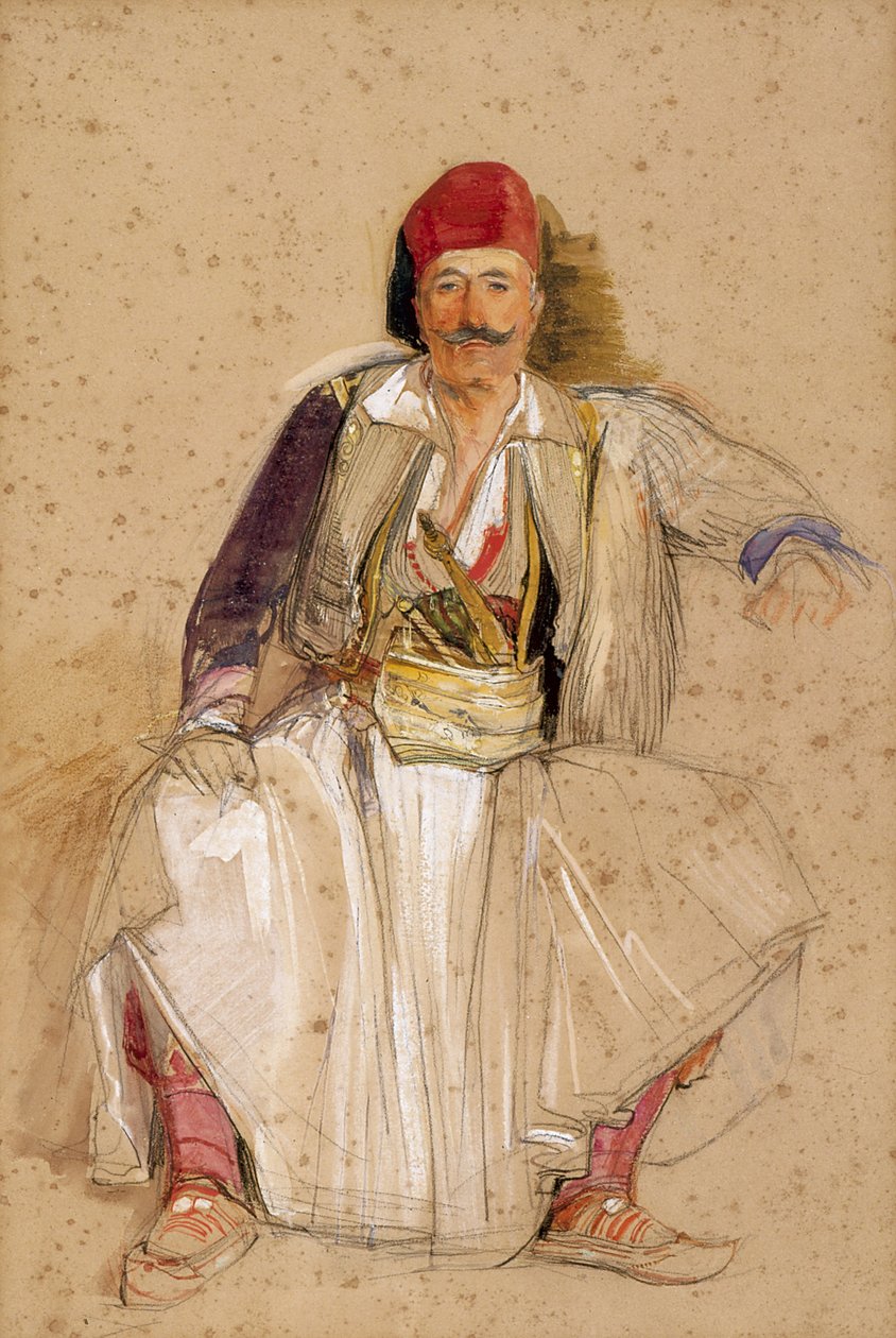 A Corfiote Warrior, Siedzący (akwarela na ołówku na białawym papierze) autorstwa John Frederick Lewis