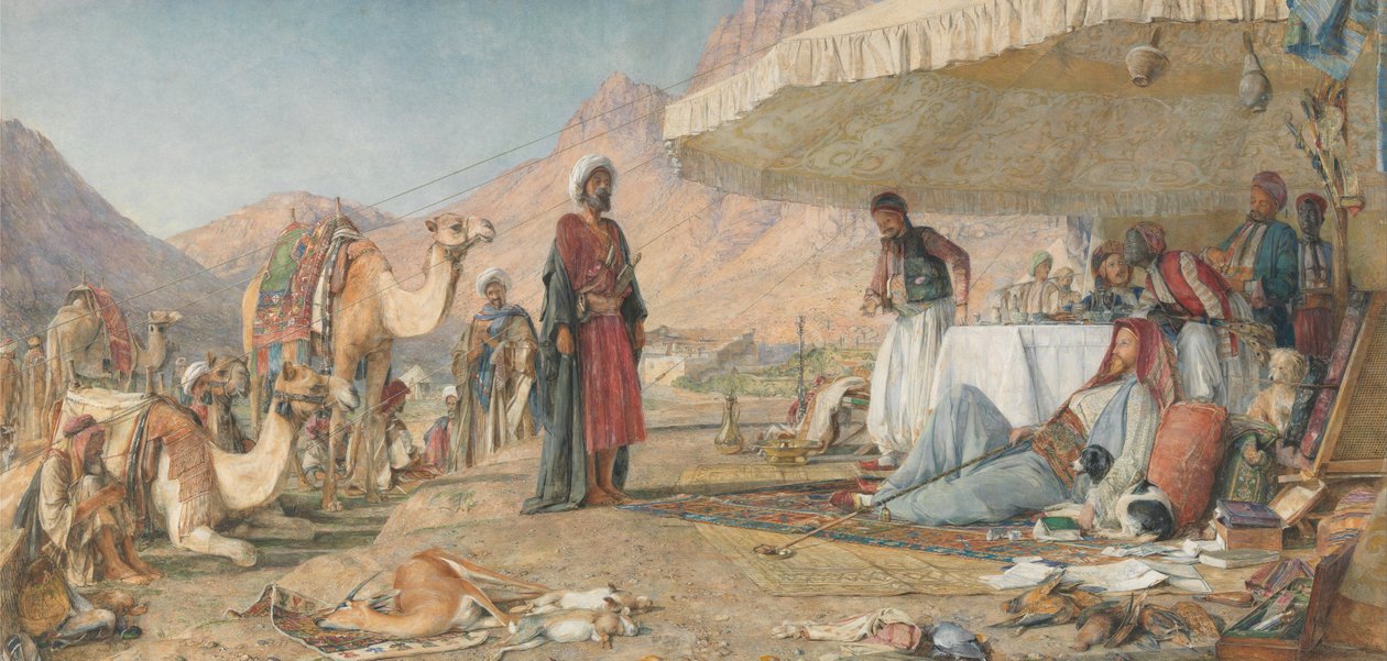 Frank Encampment na pustyni Góry Synaj. 1842 - Klasztor św. Katarzyny w oddali autorstwa John Frederick Lewis